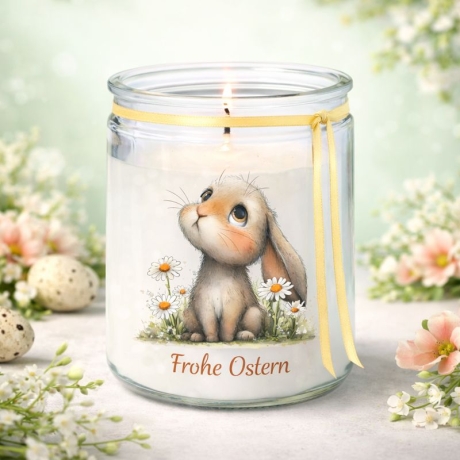 Osterkerze im Glas SET** Frühlingskerze mit süßem Hasenmotiv **