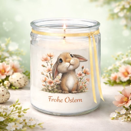 Osterkerze im Glas SET** Frühlingskerze mit süßem Hasenmotiv **