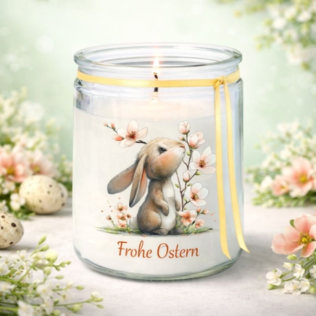 Osterkerze im Glas SET** Frühlingskerze mit süßem Hasenmotiv **