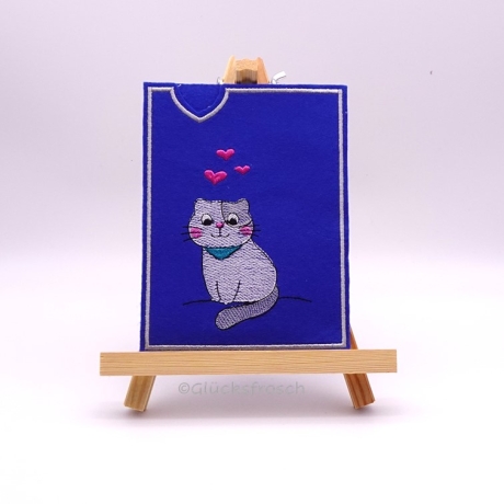 Heimtierausweis, Filz, blau mit Katze bestickt
