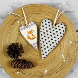 2er Set Herzen zum Aufhängen ~ Fuchs handgestickt | Herbst