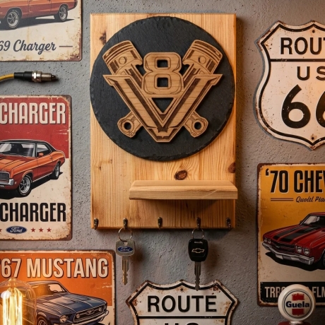 Holz-Schlüsselbrett mit V8-Emblem aus Birkenholz – mit Ablage