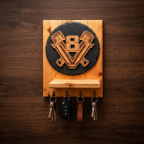 Holz-Schlüsselbrett mit V8-Emblem aus Birkenholz – mit Ablage