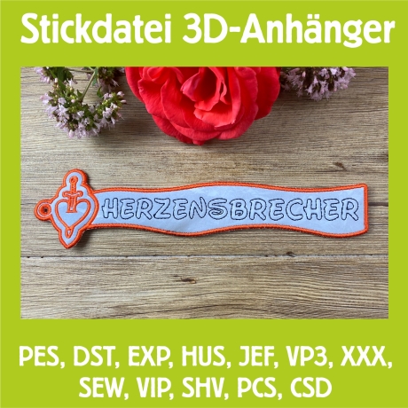 Stickdatei 3D-Anhänger HERZENSBRECHER, 3D-Stick, Lesezeichen