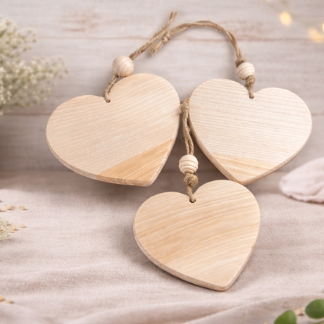Holzherzen 3-er SET mit Juteschnur und Holzkugel – natürlich
