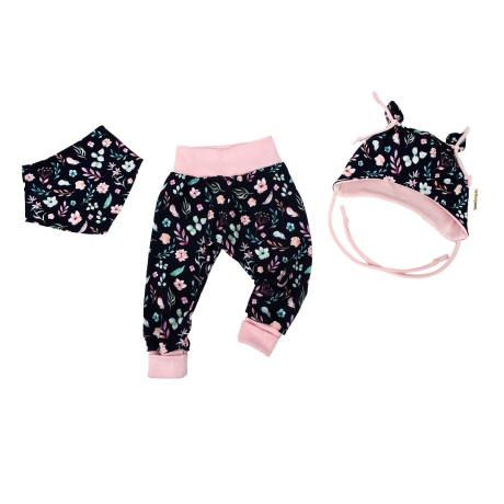 3-tlg Baby Pumphosen-Ohrenmütze Set Erstlingsoutfit Blumenzauber 