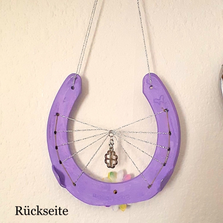 Echtes Hufeisen Glücksbringer Wandschmuck Lila mit Kleeblatt