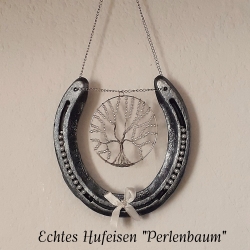 Echtes Hufeisen mit Lebensbaum Glücksbringer Wandschmuck silbern