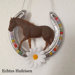 Echtes Hufeisen mit Pferd Glücksbringer Wandschmuck Silbern