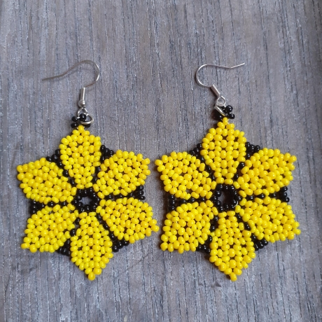 Huichol Ohrringe aus Perlen, Blüten, gelb/schwarz, Unikat