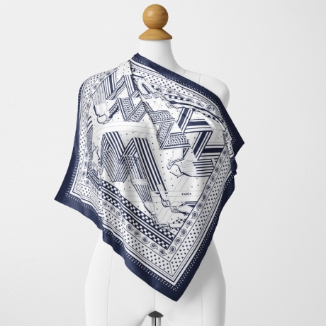 Damen Designer-Sommer-Schal / Satin-Seide, blau-weiß
