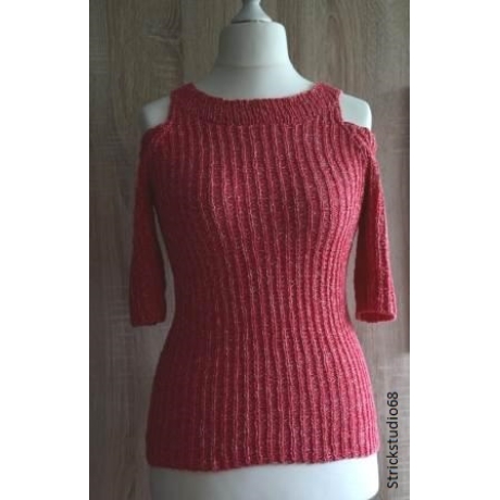 Pullover - Schulterfrei - handgestrickt - kurz Arm - rot/weiß