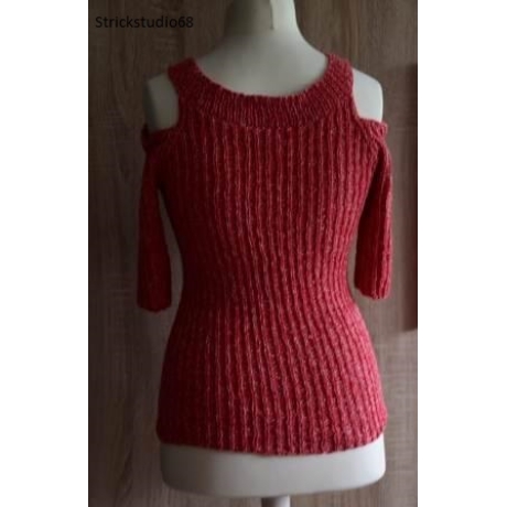 Pullover - Schulterfrei - handgestrickt - kurz Arm - rot/weiß