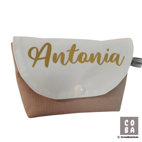 Kosmetiktasche personalisiert beige weiß gold