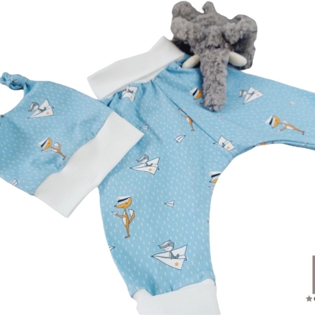 Geschenk zur Geburt Babyset hellblau – Hose & Mütze 62/68