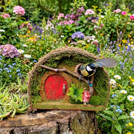 Rotes Hobbit Vogelhaus mit Pilz & Farn - Feenhaus 29cm