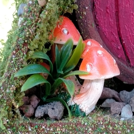Rotes Hobbit Vogelhaus mit Moos & Pilzen - Nistkasten 32mm