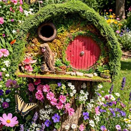 Hobbit Höhle Nistkasten rote Tür - Mooshaus 32mm - Pilze