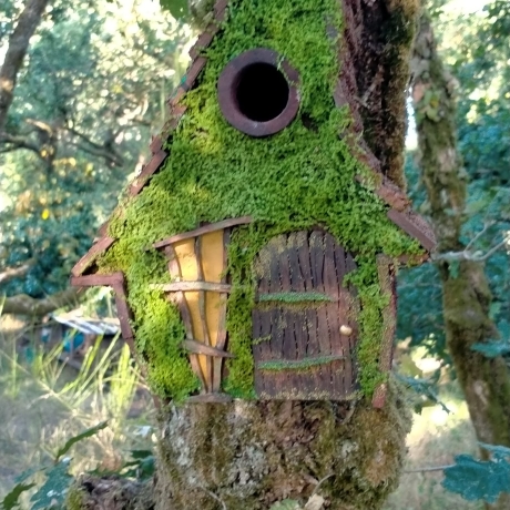 Waldhütte Nistkasten mit Moos & gelbem Fenster - 32mm Loch