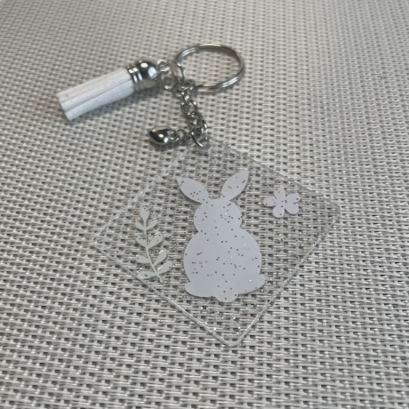 Schlüsselanhänger Glitzer-Acryl - Häschen Zweig Blume