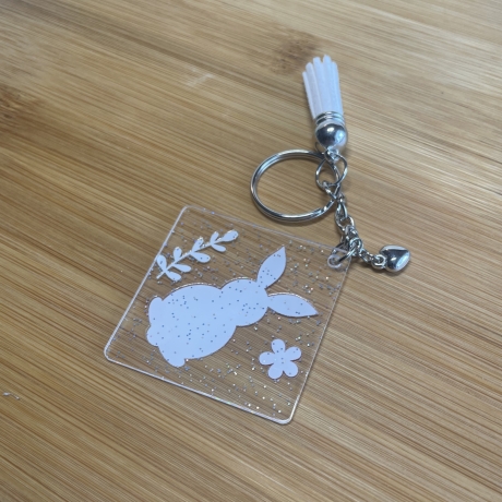 Schlüsselanhänger Glitzer-Acryl - Häschen Zweig Blume