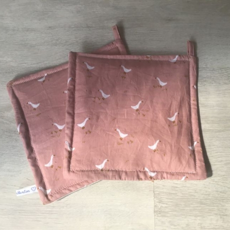 Topflappen Set XL  doppellagig Geschenk Einzigartig - Gänse rosa