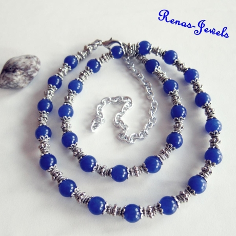 Edelstein Kette Jade Collier Perlenkette blau silberfarbig