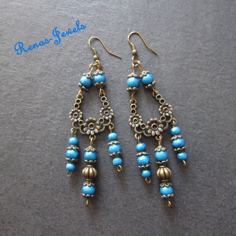 Chandeliers Ohrhänger Perlen blau bronzefarbig