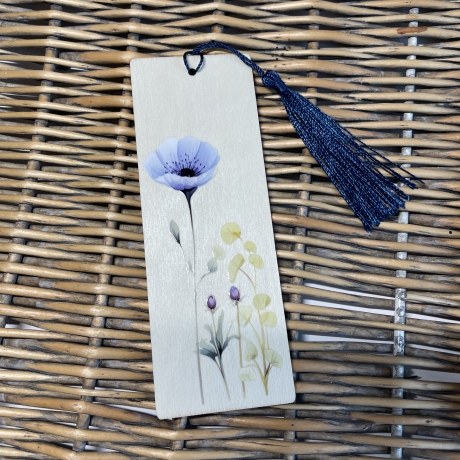 Lesezeichen Holz - Wildblume blauer Mohn - Männergeschenk