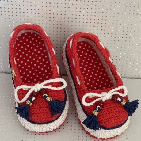 Babyschuhe Ballerina Ballerinas gehäkelt weiß rot blau maritim