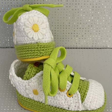 Babyschuhe Turnschuhe Sneaker gehäkelt weiß gelb grün