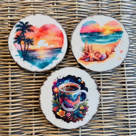 Holzuntersetzer Korkunterteil - Kaffeetasse - Camping - Urlaub