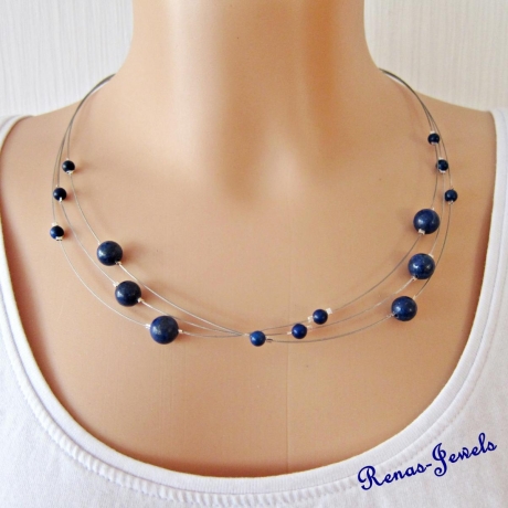 Perlen Kette synthetischer Lapislazuli Perlen blau dreireihig