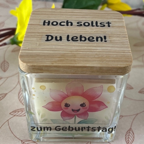 Glaskerze, Vanilleduft, viereckig mit Motiven zum Geburtstag