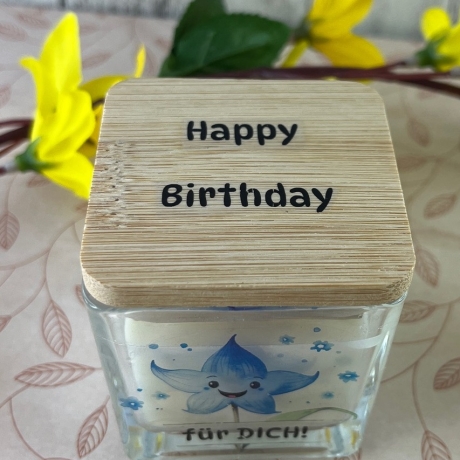 Glaskerze, Vanilleduft, viereckig mit Motiven zum Geburtstag