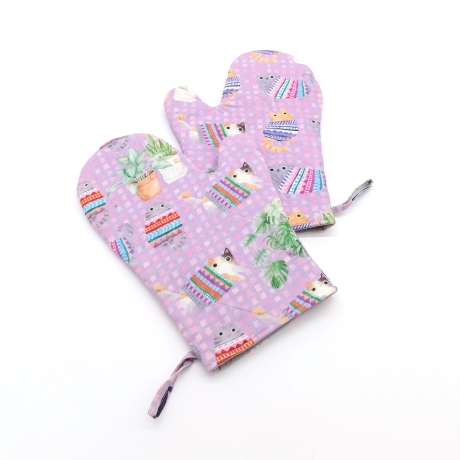 Topfhandschuhe 2er Set – Lila,, Geschenk für Katzenfans,Baumwolle