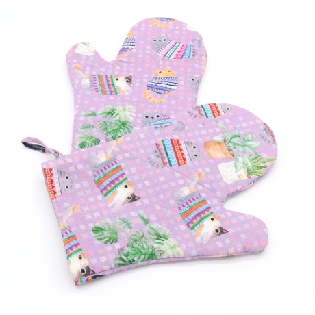 Topfhandschuhe 2er Set – Lila,, Geschenk für Katzenfans,Baumwolle