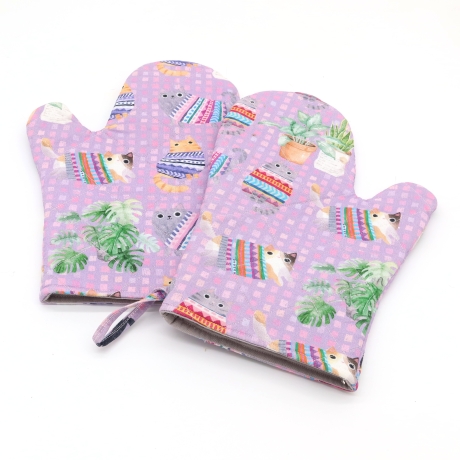 Topfhandschuhe 2er Set – Lila,, Geschenk für Katzenfans,Baumwolle