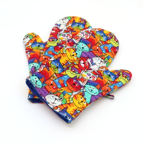 Topfhandschuhe Katzen 2er Set Comic-Katzen Baumwolle  Geschenk