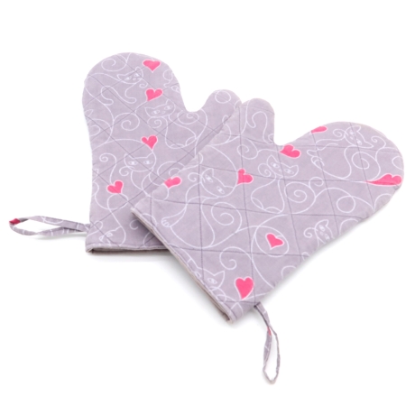 Katzen Topfhandschuhe 2er Set – Baumwolle, grau-pink, Herzen