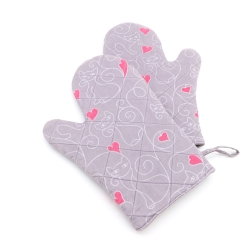 Katzen Topfhandschuhe 2er Set – Baumwolle, grau-pink, Herzen