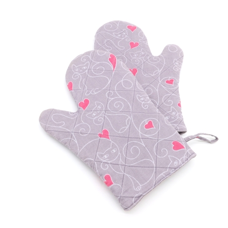 Katzen Topfhandschuhe 2er Set – Baumwolle, grau-pink, Herzen