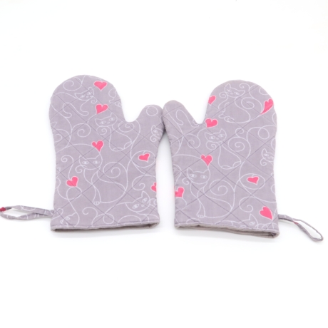 Katzen Topfhandschuhe 2er Set – Baumwolle, grau-pink, Herzen