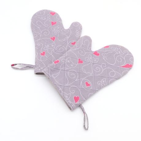 Katzen Topfhandschuhe 2er Set – Baumwolle, grau-pink, Herzen