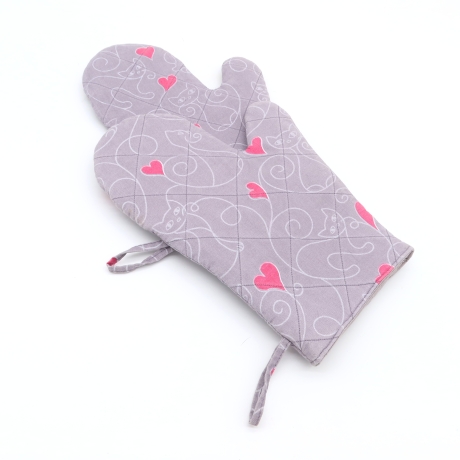 Katzen Topfhandschuhe 2er Set – Baumwolle, grau-pink, Herzen