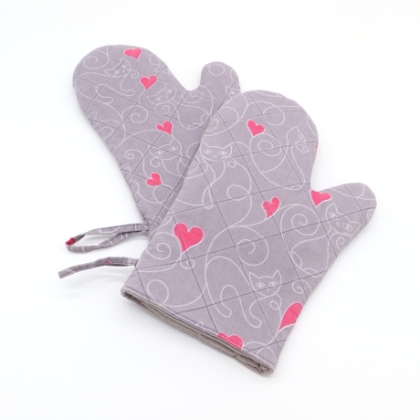 Katzen Topfhandschuhe 2er Set – Baumwolle, grau-pink, Herzen