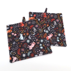 Topflappen 2er Set,, dunkelgrau, Katzen, floral, Geschenk, 