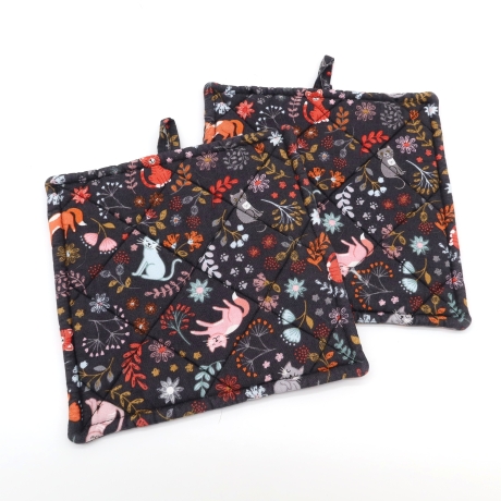 Topflappen 2er Set,, dunkelgrau, Katzen, floral, Geschenk, 