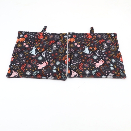 Topflappen 2er Set,, dunkelgrau, Katzen, floral, Geschenk, 
