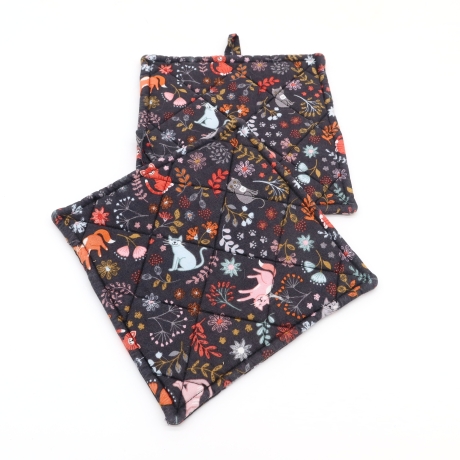 Topflappen 2er Set,, dunkelgrau, Katzen, floral, Geschenk, 